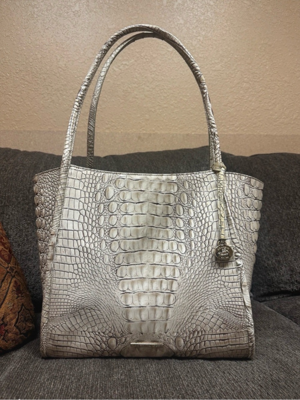 Brahmin Croc-Embossed Tote in Light Gray/White